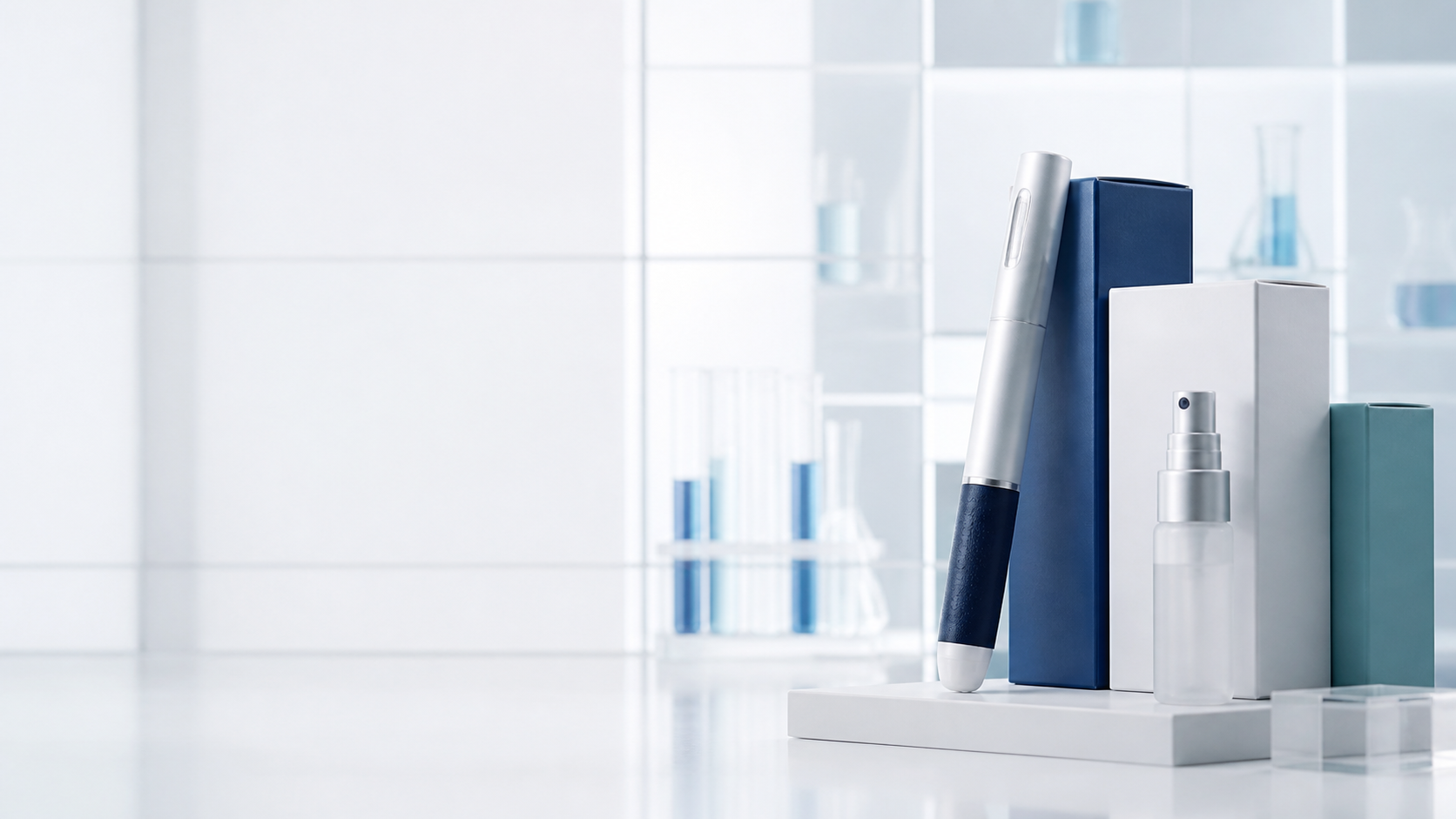 Apollex product-format still life in a bright clinical setting