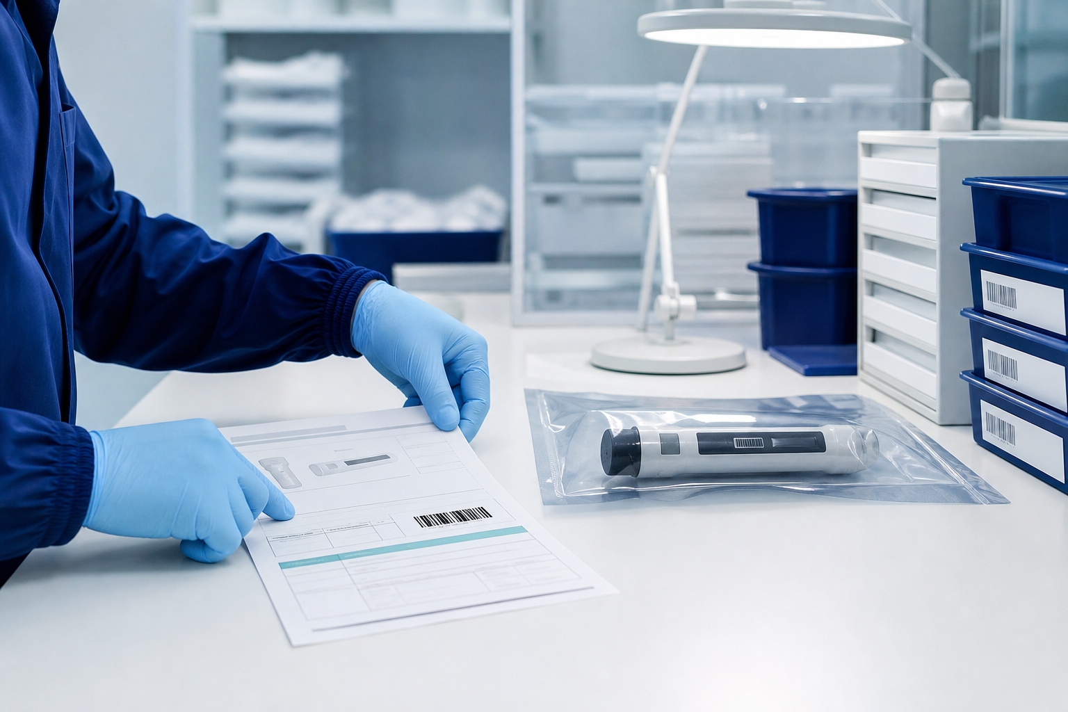Technical product record review at a clean clinical workstation